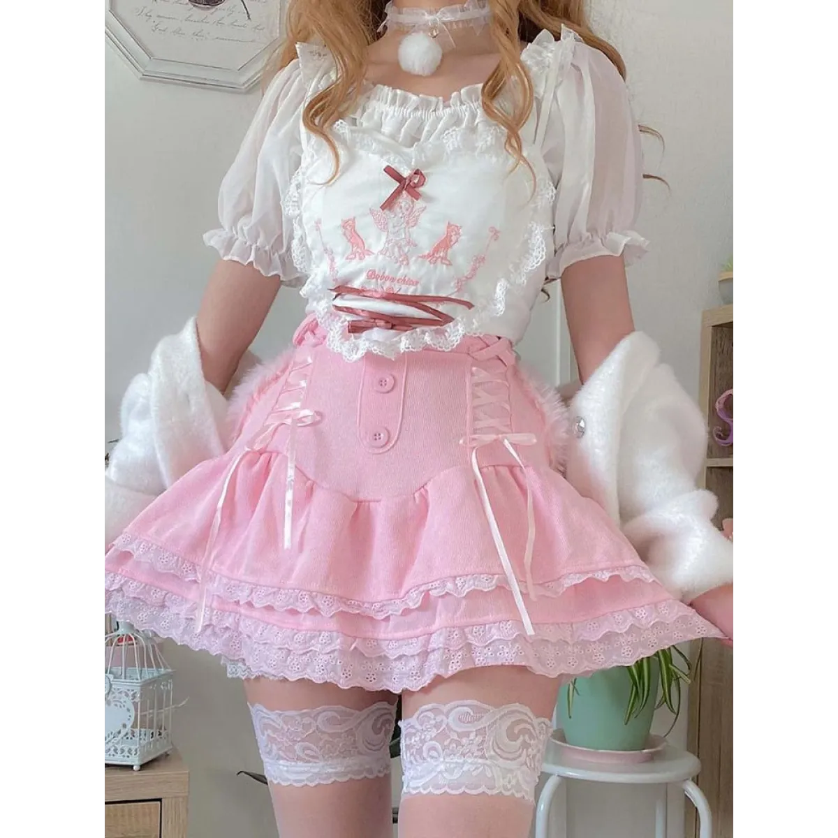 Pink Skirt With Cascading Ruffles - Pink / M - Bottoms - Clothing - 6 - 2024