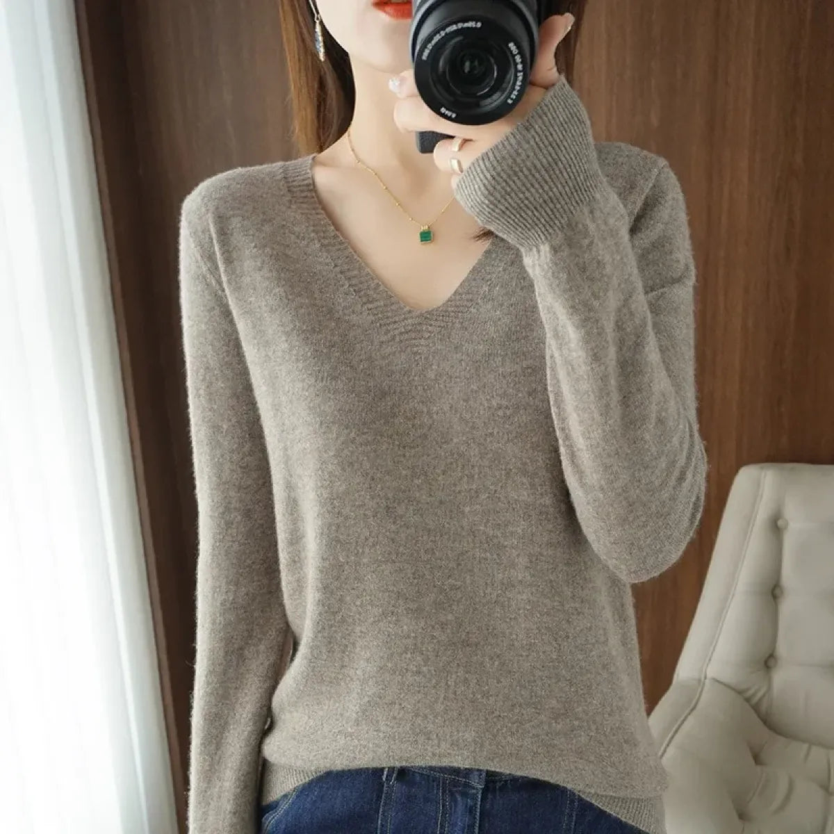Cashmere Knit V-Neck Pullover with Lace Detail - Sweaters - Sweater / Pullover - 10