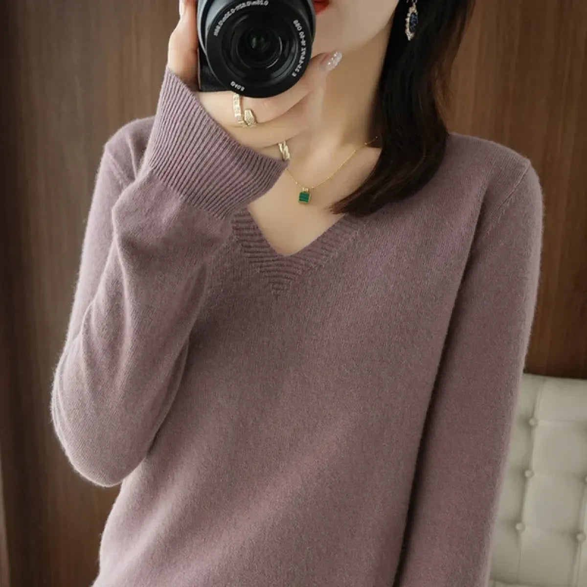 Cashmere Knit V-Neck Pullover with Lace Detail - Sweaters - Sweater / Pullover - 3