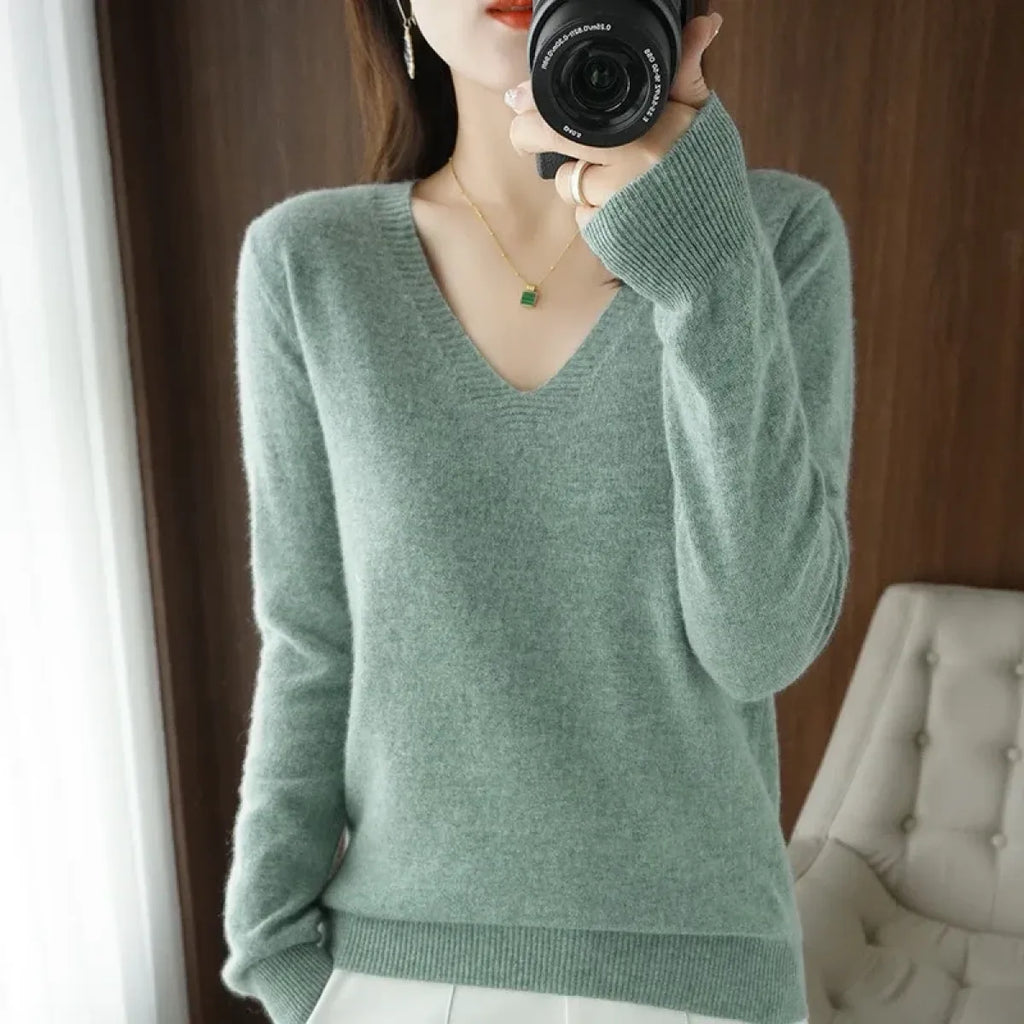 Cashmere Knit V-Neck Pullover with Lace Detail - Sweaters - Sweater / Pullover - 13