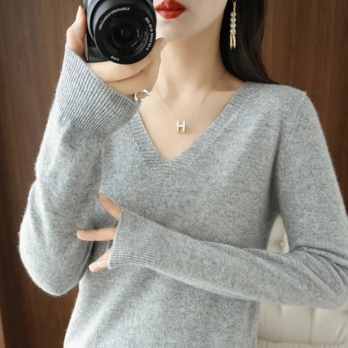 Cashmere Knit V-Neck Pullover with Lace Detail - Sweaters - Sweater / Pullover - 14