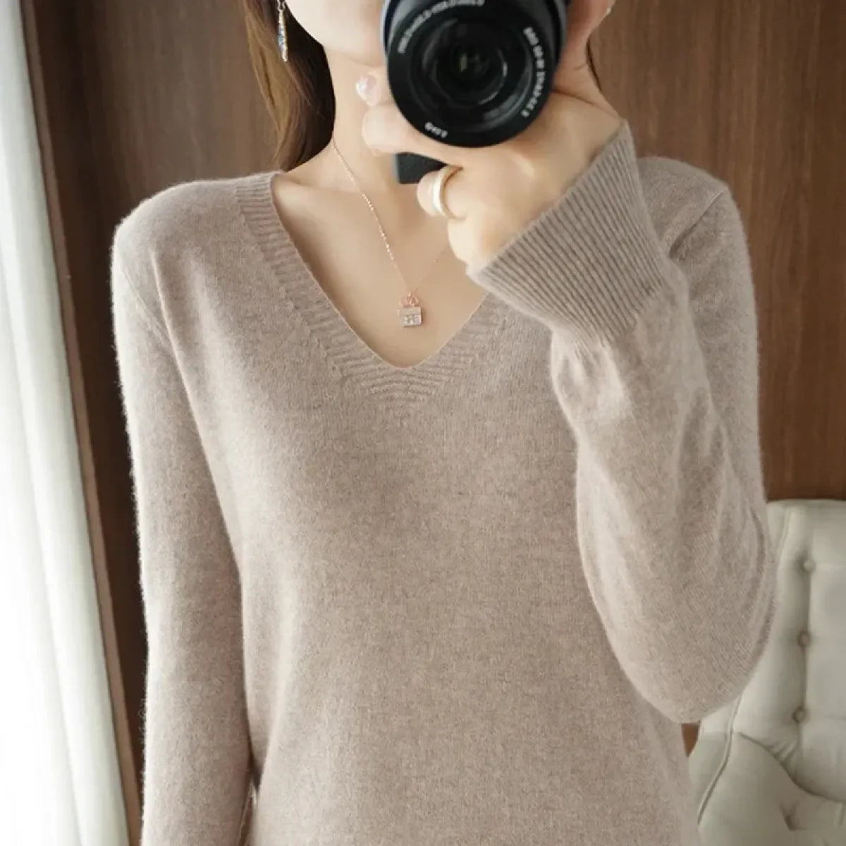 Cashmere Knit V-Neck Pullover with Lace Detail - Sweaters - Sweater / Pullover - 2
