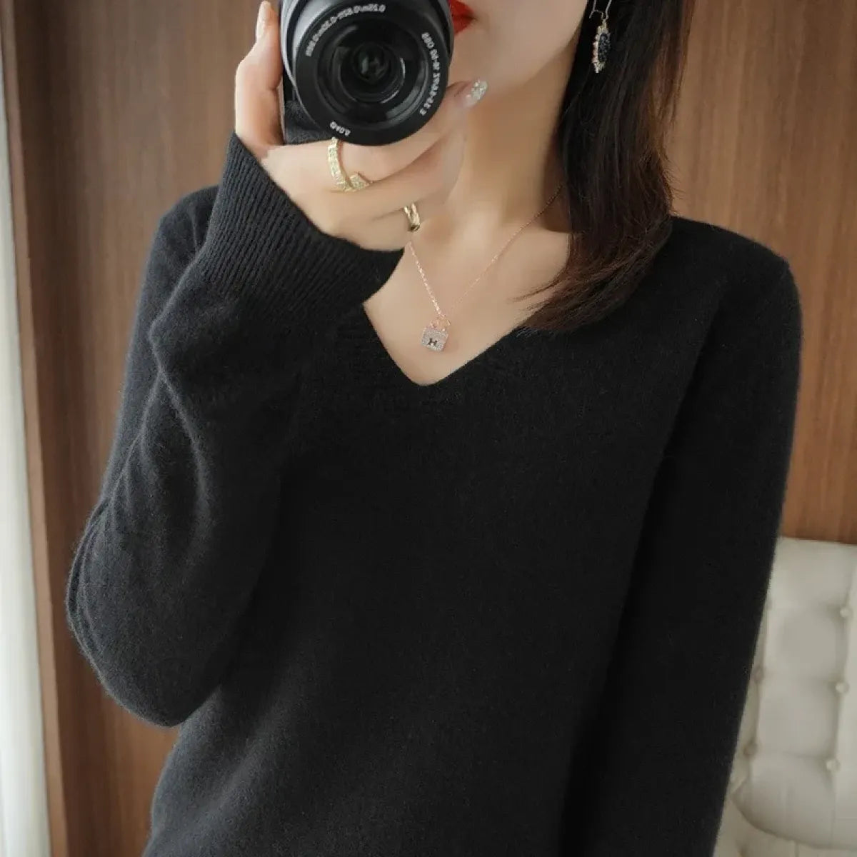 Cashmere Knit V-Neck Pullover with Lace Detail - Sweaters - Sweater / Pullover - 15