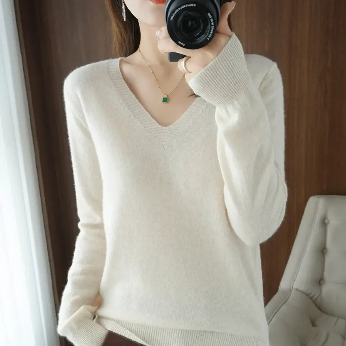 Cashmere Knit V-Neck Pullover with Lace Detail - Sweaters - Sweater / Pullover - 12