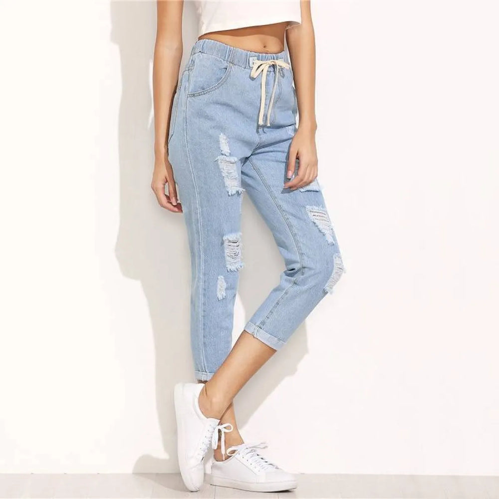 Women’s Casual Ripped Design Blue Jeans - Bottoms - 1