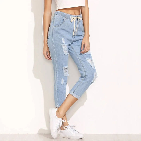 Women’s Casual Ripped Design Blue Jeans - Bottoms - 1