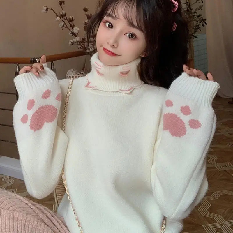 Korean Turtleneck Knit Pullover with Cat Claw Embroidery - WHITE / S - All Products - Shirts & Tops - 1 - 2024