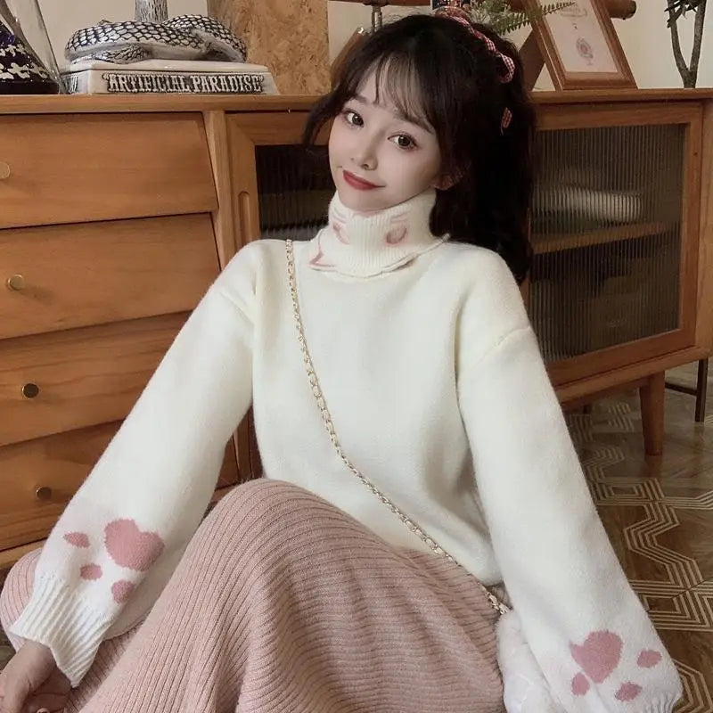 Korean Turtleneck Knit Pullover with Cat Claw Embroidery - All Products - Shirts & Tops - 13 - 2024