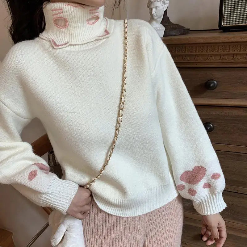 Korean Turtleneck Knit Pullover with Cat Claw Embroidery - All Products - Shirts & Tops - 8 - 2024