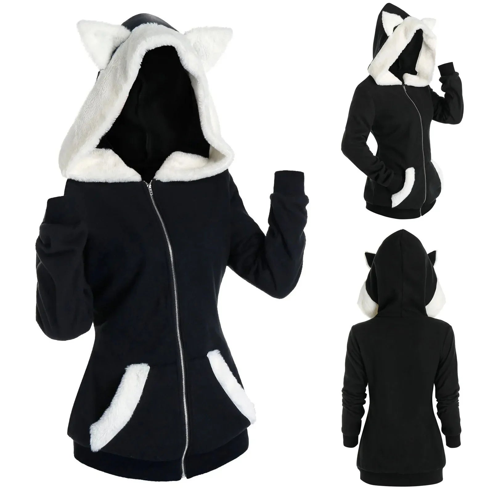 Black Cat Ear Hoodie – Plush Zip-Up Sweatshirt with Pockets - T-Shirts - Hoodies - 2024 - 1 - Worldwide Shipping