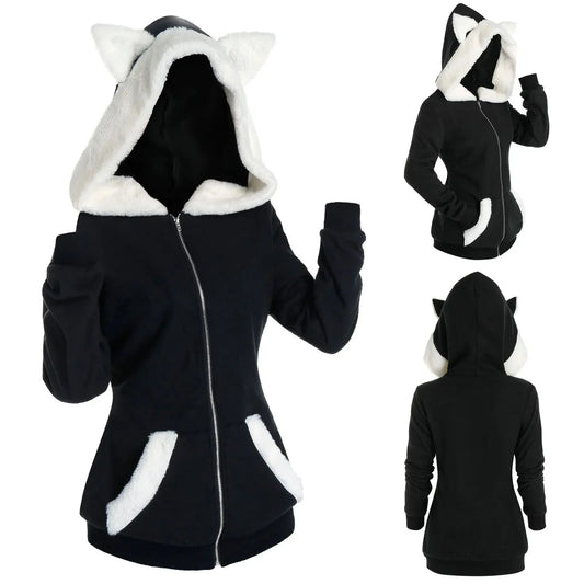 Black Cat Ear Hoodie – Plush Zip-Up Sweatshirt with Pockets - Black / CN / S - T-Shirts - Hoodies - 2024 - 7