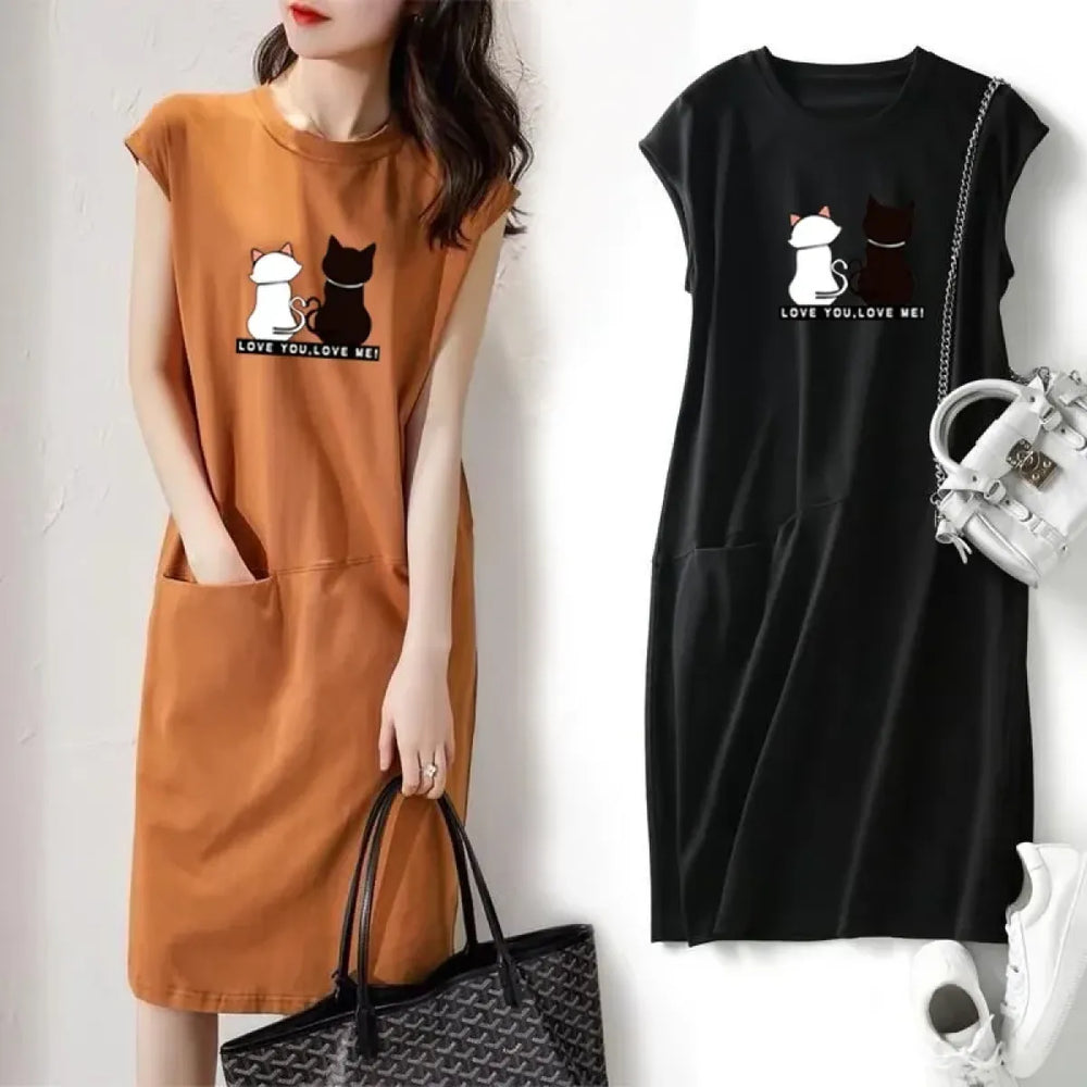 Kawaii Cat Print Loose Midi Dress - All Dresses - Midi Dress - 1