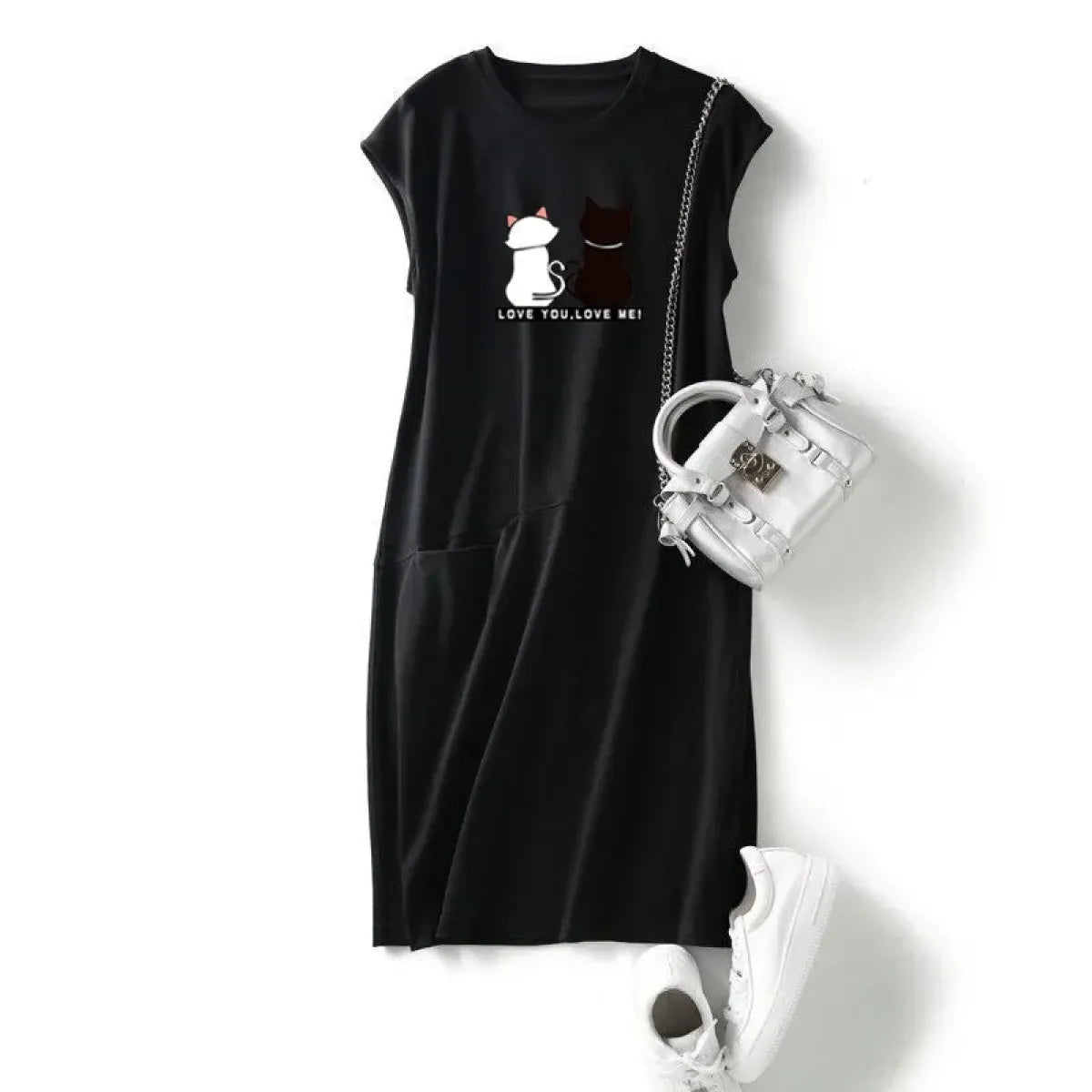 Kawaii Cat Print Loose Midi Dress - All Dresses - Midi Dress - 5