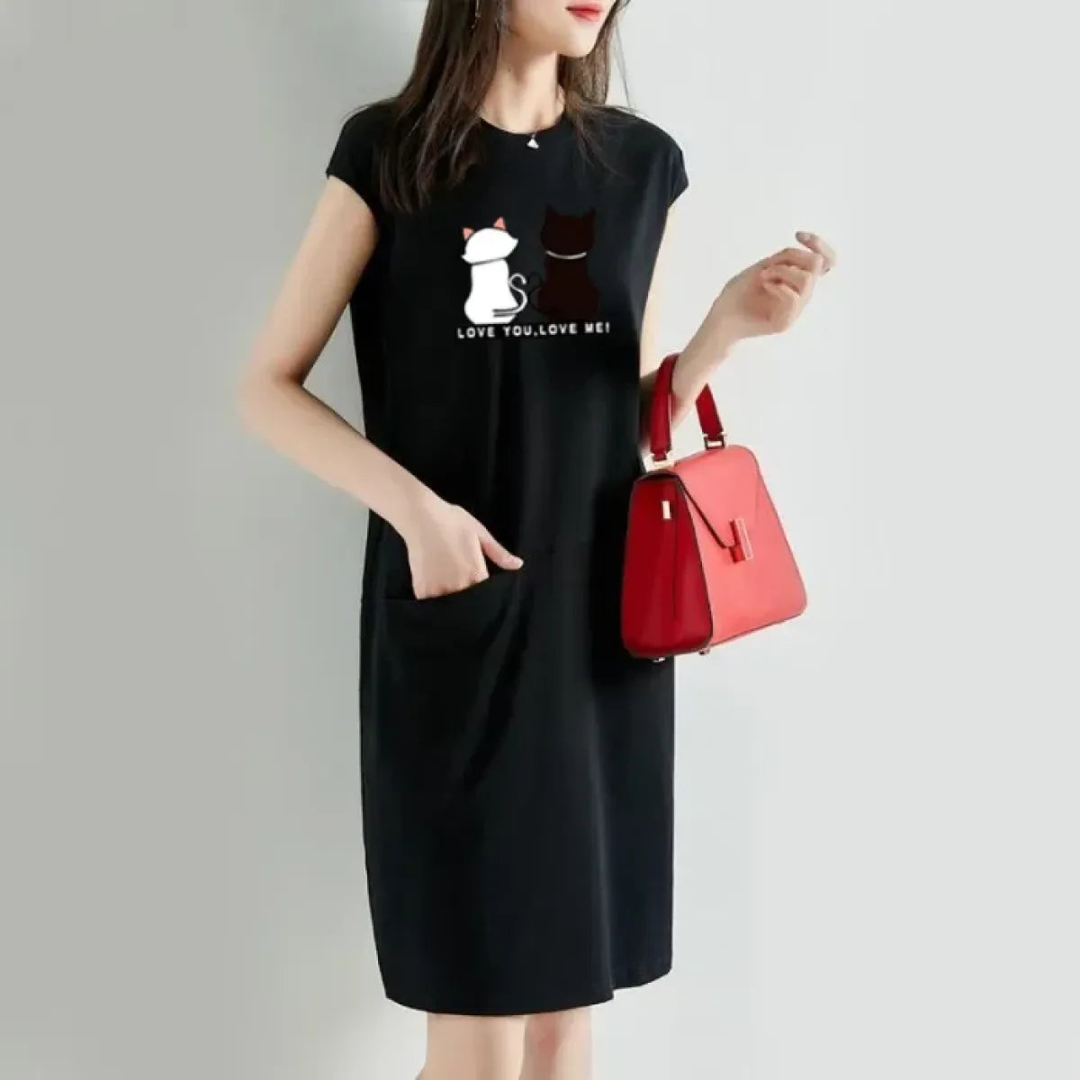 Kawaii Cat Print Loose Midi Dress - All Dresses - Midi Dress - 7