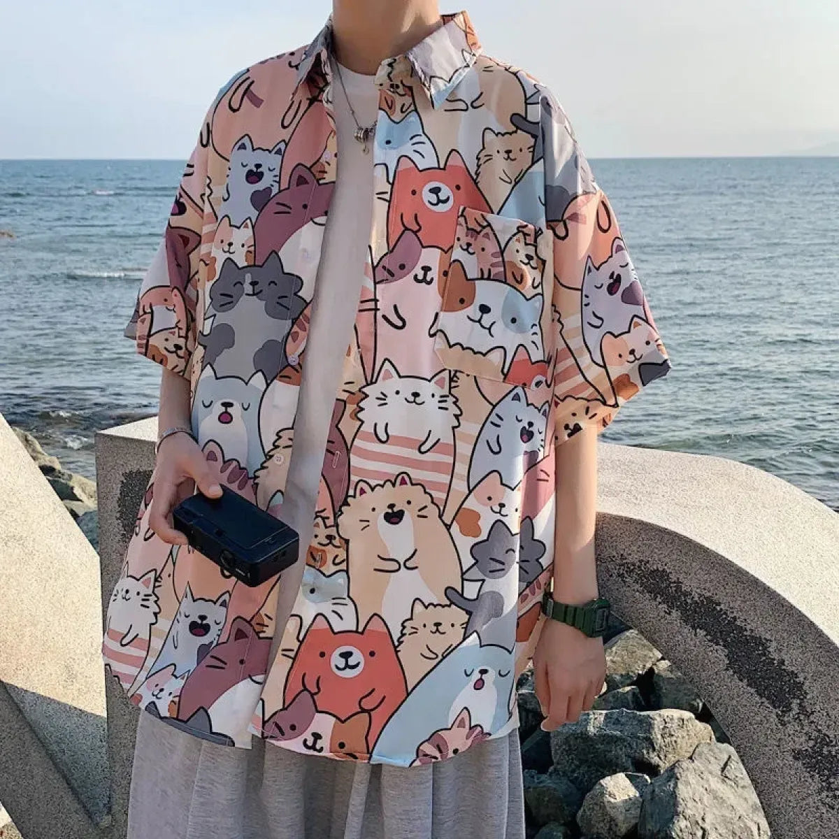 Multicolored Kawaii Cat Print Shirt - T-Shirts - T-Shirts - 1