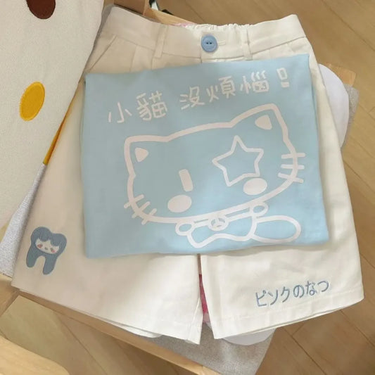 Pastel Cat Print Oversized Tee - Baby Blue - T-Shirts - T-Shirt - 1