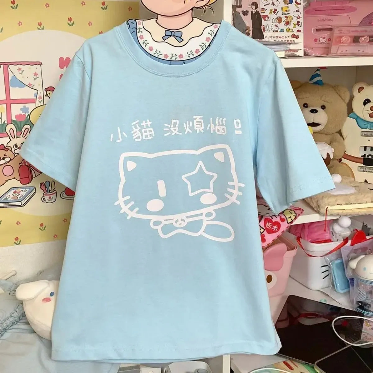 Pastel Cat Print Oversized Tee - Baby Blue - T-Shirts - T-Shirt - 4