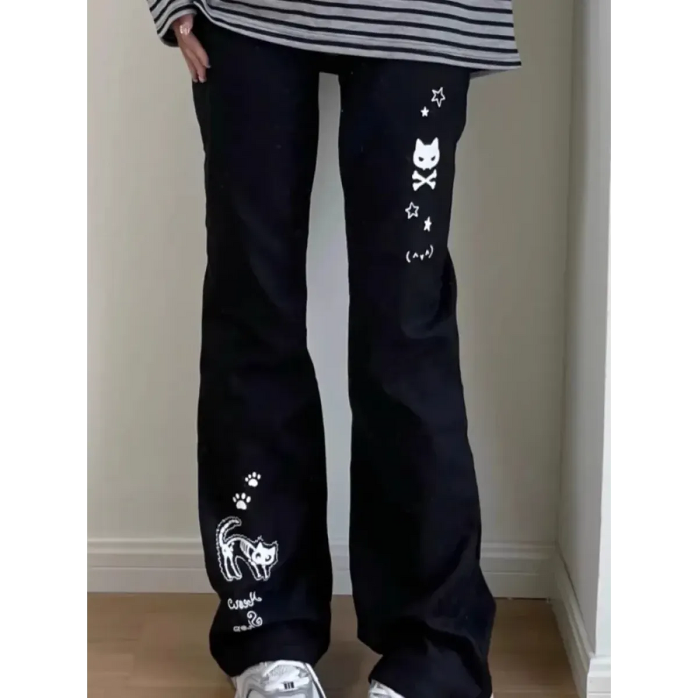 Y2K Cat Skull Print Wide Leg Trousers - Best Sellers - Pants - 1