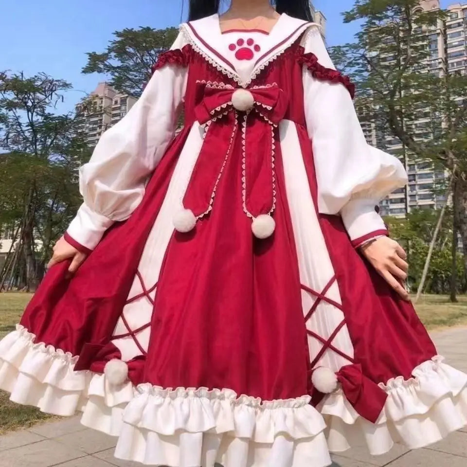 Large Cat’s Paw Lolita Dress - Kawaii Short Sleeve Princess Dress - Red / M - All Dresses - Dresses - 6 - 2024