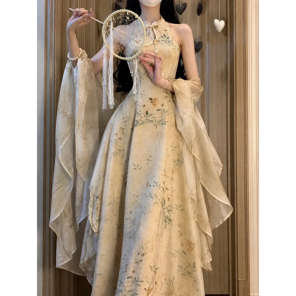 Hanfu-Inspired Slim Waist Vest Dress & Cardigan Set - All Dresses - Sets / Co-ords - 2