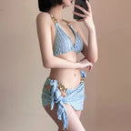 Chain Halter Bikini Set with Skirt – Korean 3PCS Beach Swimwear - Bottoms - Strapless - Swimwear - 5