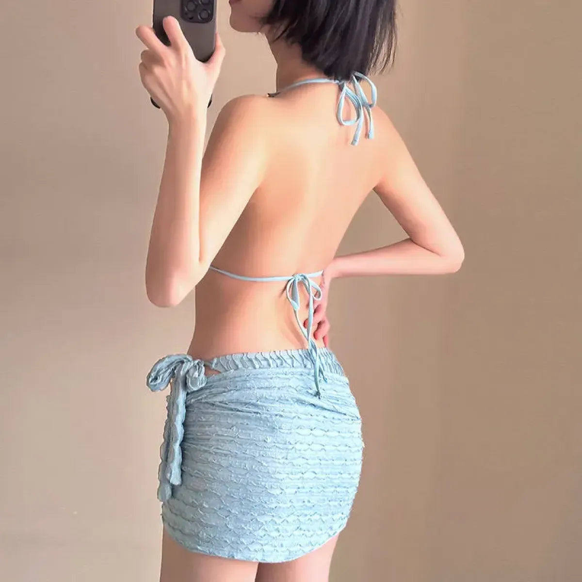 Chain Halter Bikini Set with Skirt – Korean 3PCS Beach Swimwear - Bottoms - Strapless - Swimwear - 2