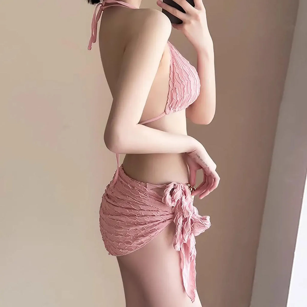 Chain Halter Bikini Set with Skirt – Korean 3PCS Beach Swimwear - Bottoms - Strapless - Swimwear - 3