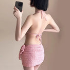 Chain Halter Bikini Set with Skirt – Korean 3PCS Beach Swimwear - Bottoms - Strapless - Swimwear - 4