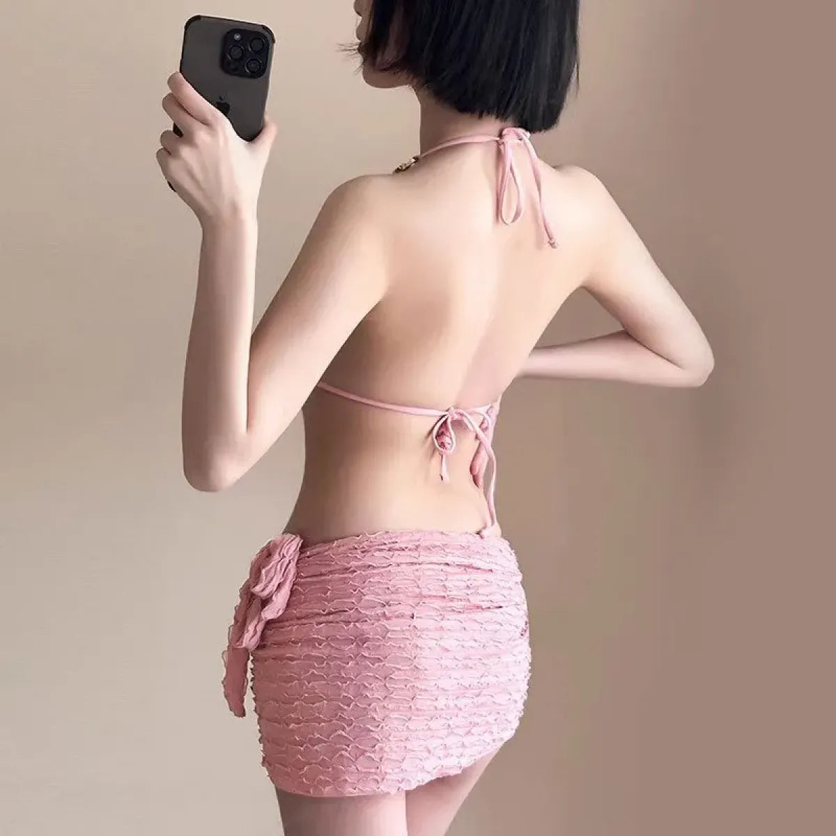 Chain Halter Bikini Set with Skirt – Korean 3PCS Beach Swimwear - Bottoms - Strapless - Swimwear - 4