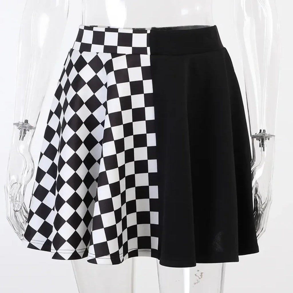 Checkerboard Gothic Punk Skirt – Grommet Chains & Contrast Panels - Bottoms - Skirts - 8