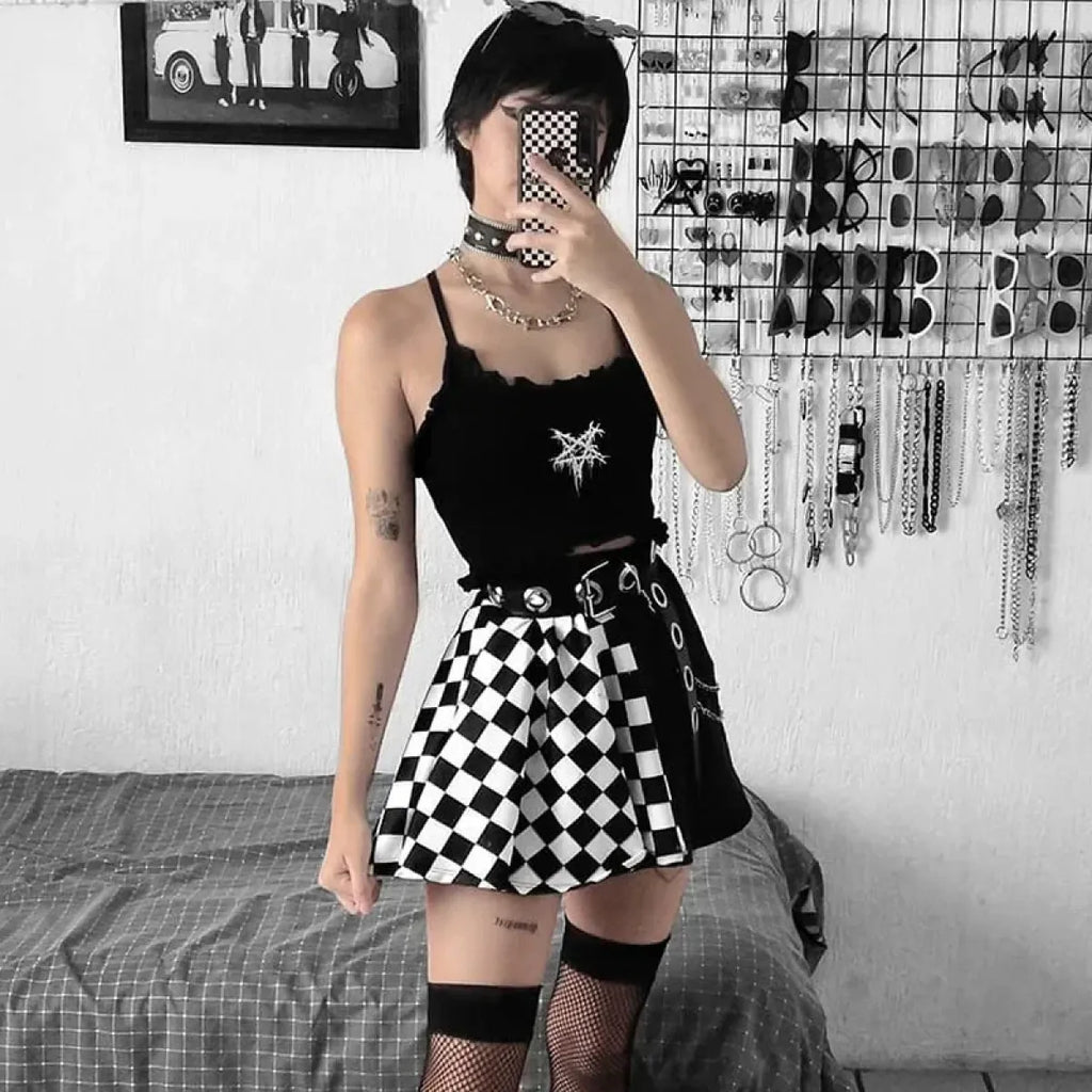Checkerboard Gothic Punk Skirt – Grommet Chains & Contrast Panels - Bottoms - Skirts - 3