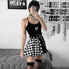 Checkerboard Gothic Punk Skirt – Grommet Chains & Contrast Panels - Bottoms - Skirts - 3