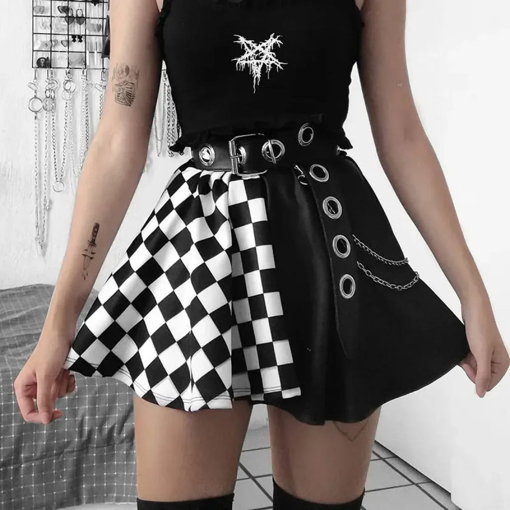Checkerboard Gothic Punk Skirt – Grommet Chains & Contrast Panels - Bottoms - Skirts - 1
