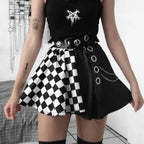 Checkerboard Gothic Punk Skirt – Grommet Chains & Contrast Panels - Bottoms - Skirts - 1