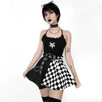 Checkerboard Gothic Punk Skirt – Grommet Chains & Contrast Panels - Bottoms - Skirts - 4