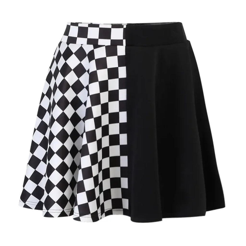 Checkerboard Gothic Punk Skirt – Grommet Chains & Contrast Panels - Bottoms - Skirts - 5