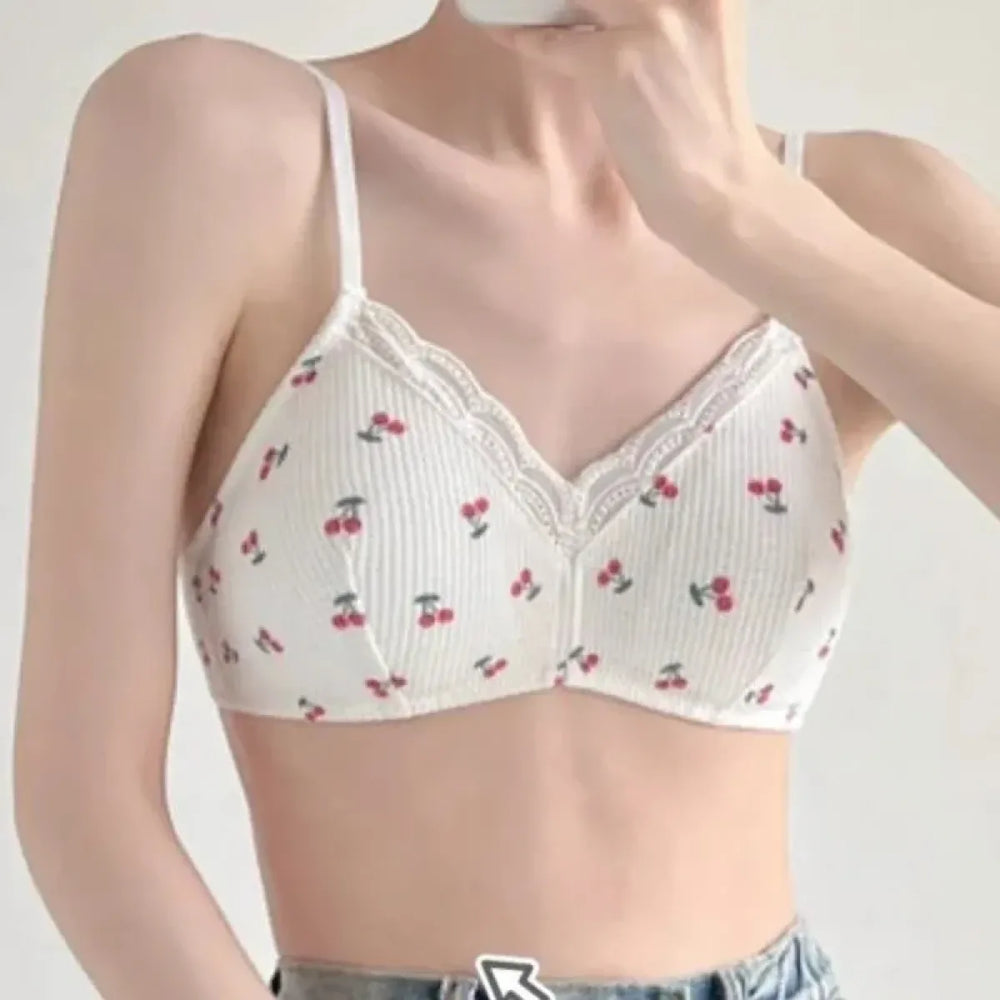Cherry Print Lace Bra – Seamless Wire-Free Breathable Lingerie - Women’s Clothing & Accessories - Bra - 1