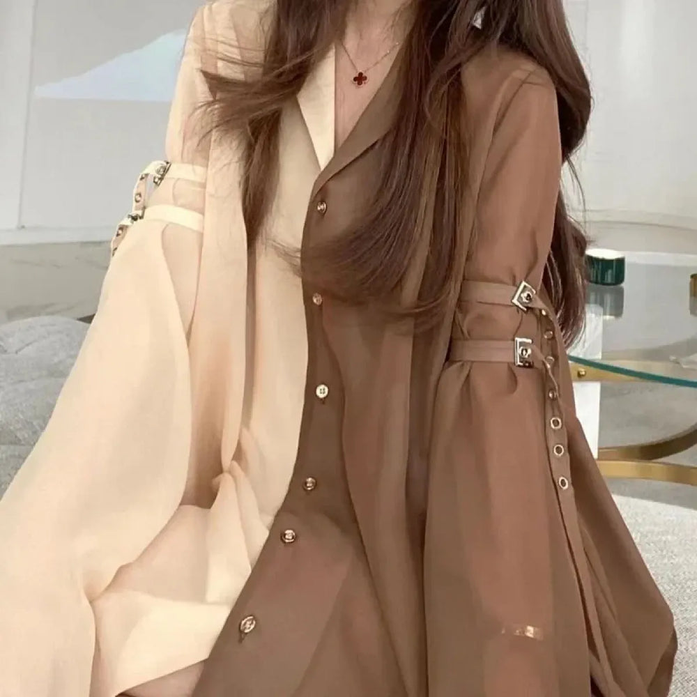 Brown Oversized Sheer Blouse – Chic Harajuku Cottagecore Shirt Dress - All Dresses - Shirt - Blouses - 1