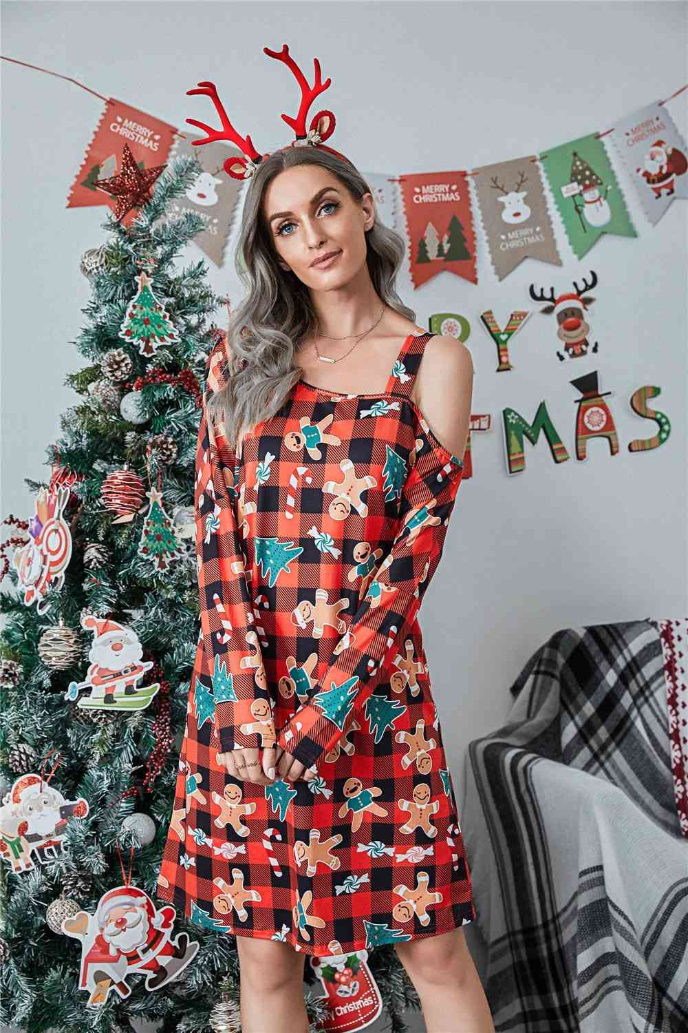 Christmas Asymmetrical Neck Long Sleeve Dress - Dark Red / S - All Dresses - Dresses - 14 - 2024