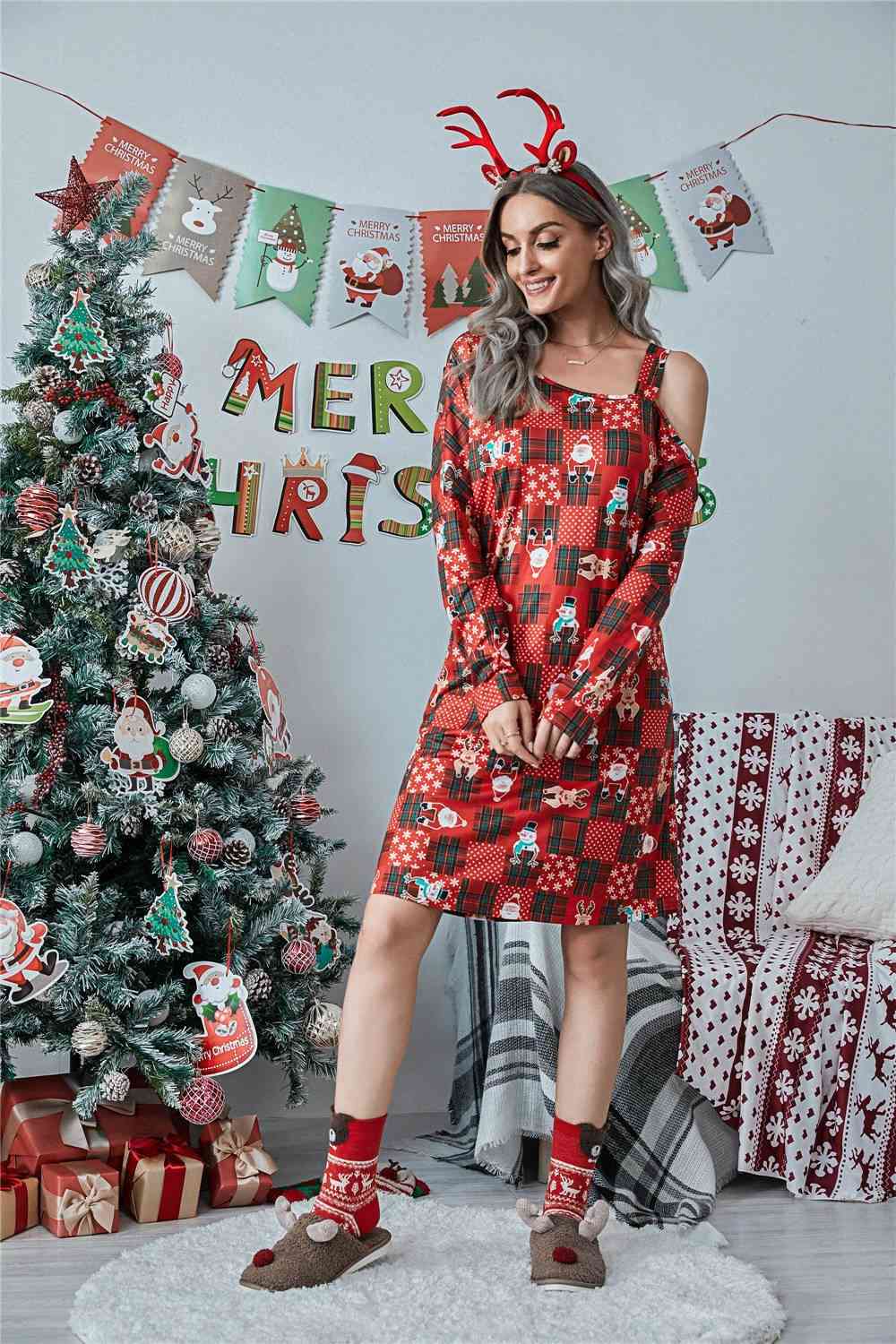 Christmas Asymmetrical Neck Long Sleeve Dress - All Dresses - Dresses - 3 - 2024