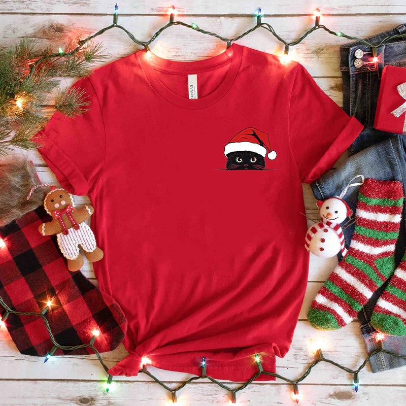 Christmas Cat T-Shirt – Santa Hat Design Women’s Holiday Tee - T-Shirts - T-Shirts - 2024 - 2 - Worldwide Shipping