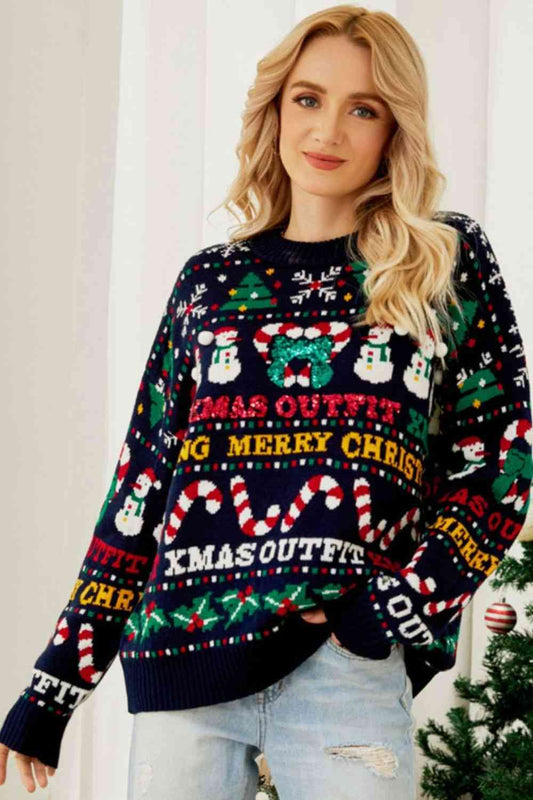 Christmas Print Crewneck Dropped Shoulder Sweater - Dark blue / S - Sweaters - Shirts & Tops - 1 - 2024