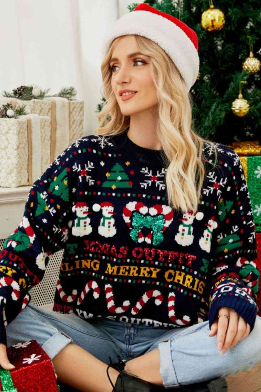 Christmas Print Crewneck Dropped Shoulder Sweater - Sweaters - Shirts & Tops - 3 - 2024