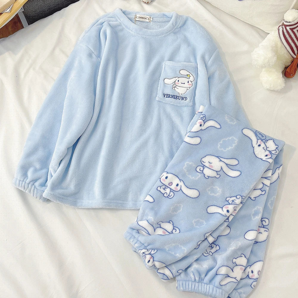 Hello Kitty Kuromi My Melody Cinnamoroll Flannel Pajamas - Light Blue / M - All Products - Pajamas - 9 - 2024