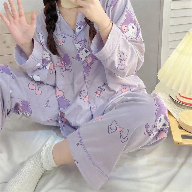 Hello Kitty Kuromi My Melody Cinnamoroll Flannel Pajamas - Light Purple / L - All Products - Pajamas - 11 - 2024