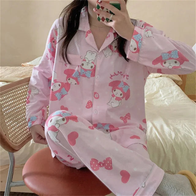 Hello Kitty Kuromi My Melody Cinnamoroll Flannel Pajamas - Light Pink / L - All Products - Pajamas - 15 - 2024