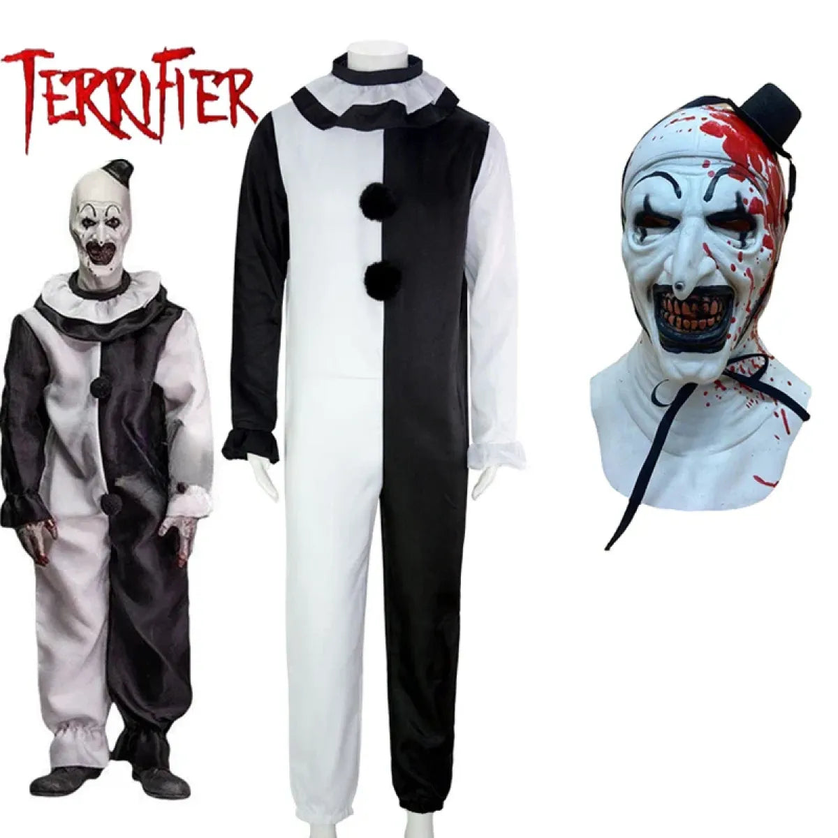 Chaks - Art the Clown jumpsuit, officiële Terrifier-outfit, zwart-witte horrorlook, kostuum overall voor Halloween & carnaval Chaks - Art the Clown jumpsuit, officiële Terrifier-outfit, zwart-witte horrorlook, kostuum overall voor Halloween & carnaval