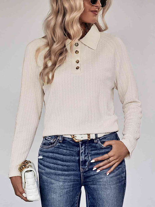 Collared Neck Buttoned Long Sleeve Top - White / S - Tops & Tees - Shirts & Tops - 1 - 2024