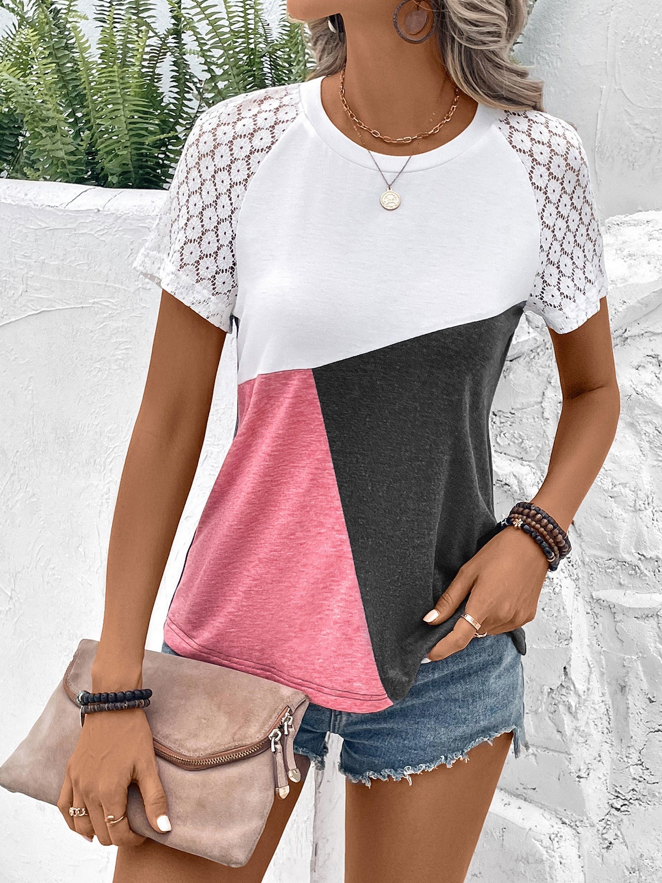 Color Block Raglan Sleeve Round Neck Tee - T-Shirts - Shirts & Tops - 17 - 2024