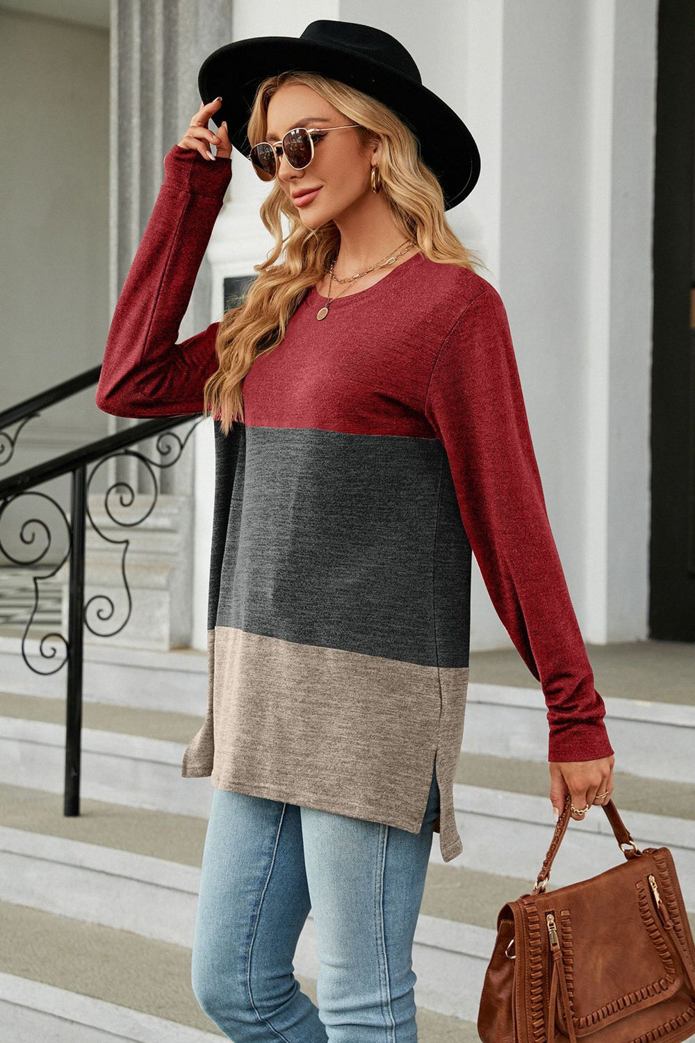 Color Block Round Neck Long Sleeve Slit T-Shirt - T-Shirts - Shirts & Tops - 14 - 2024